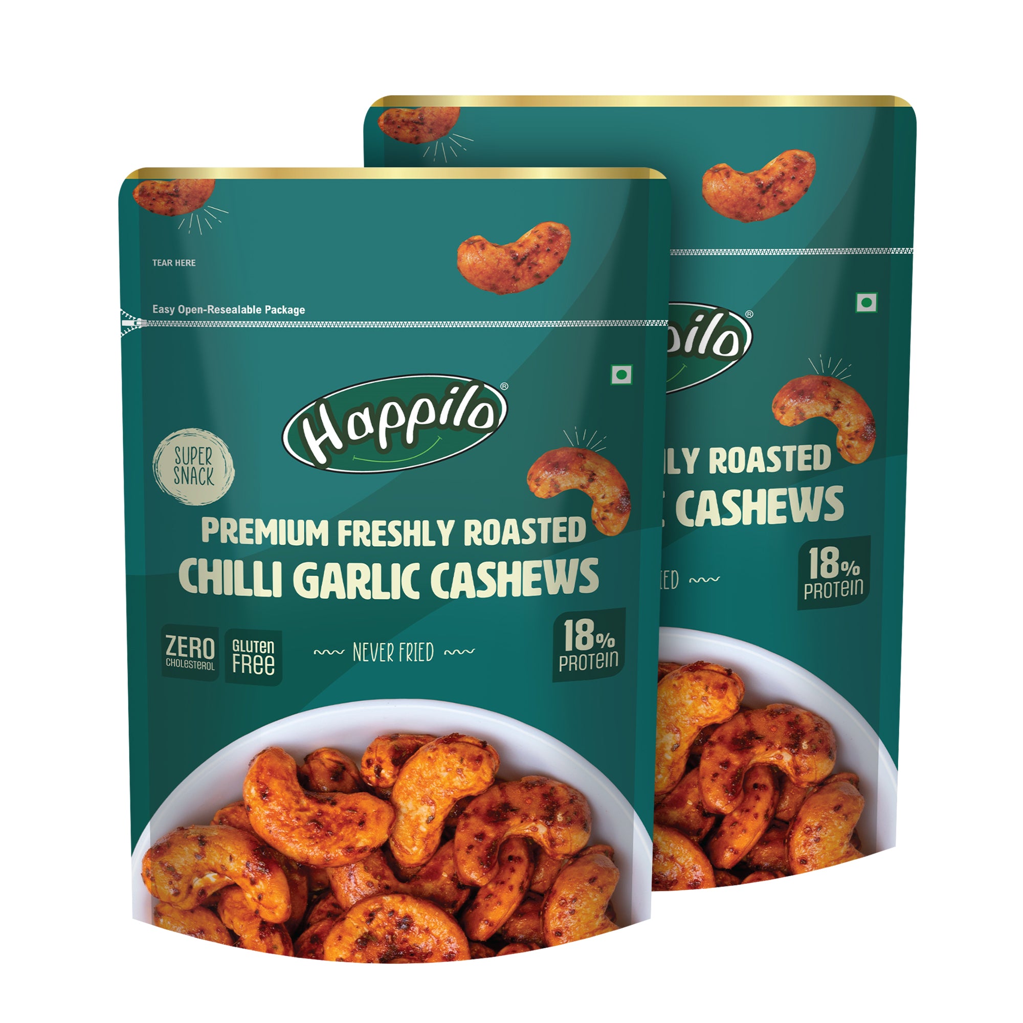 Happilo Premium Oven Roasted Cashews - Spicy Chilly Garlic 80g (Pack of 2)